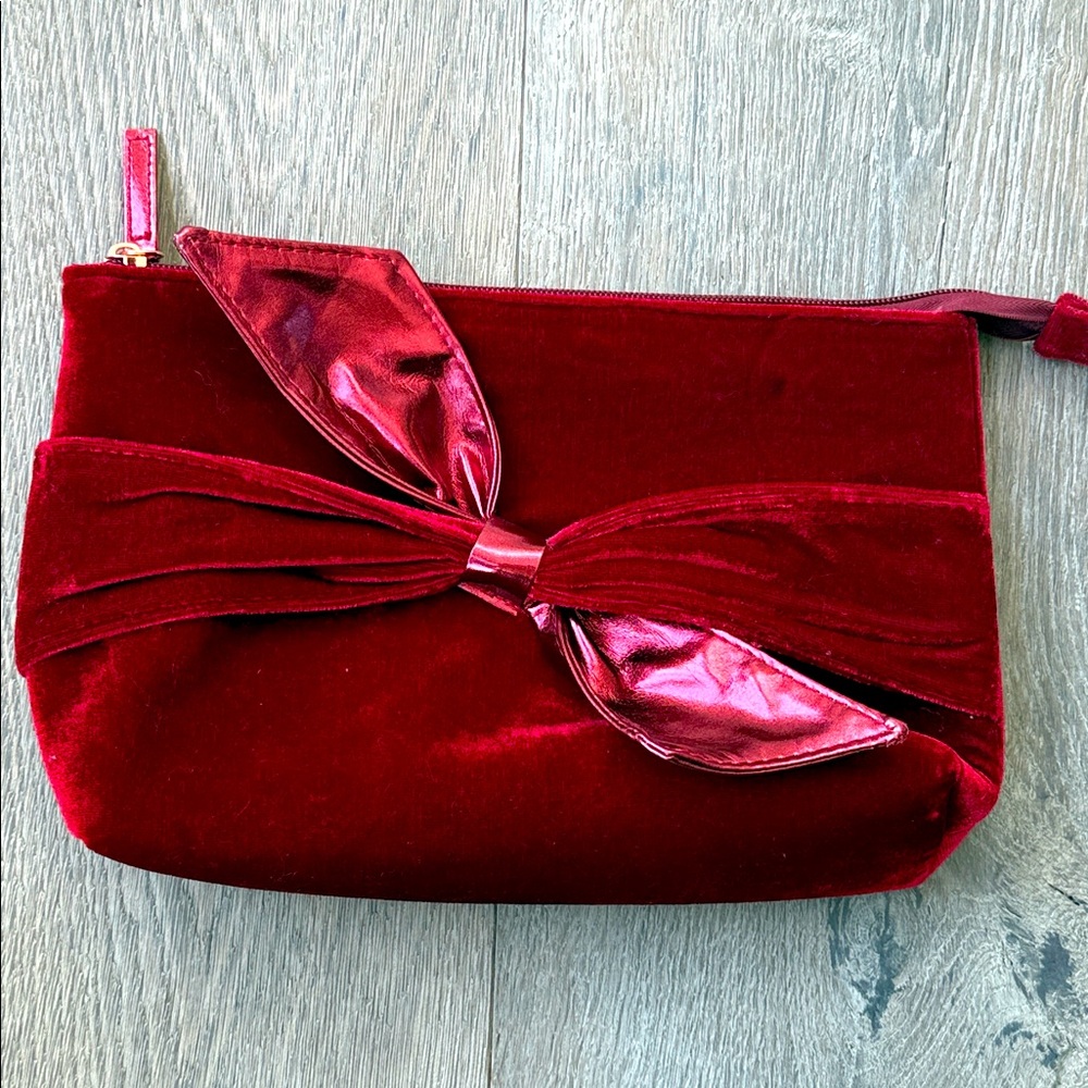 Ulta Red Burgundy Velvet Bow Embellishment Makeup Carry Clutch Bag 10.5 x 7x 2.5
